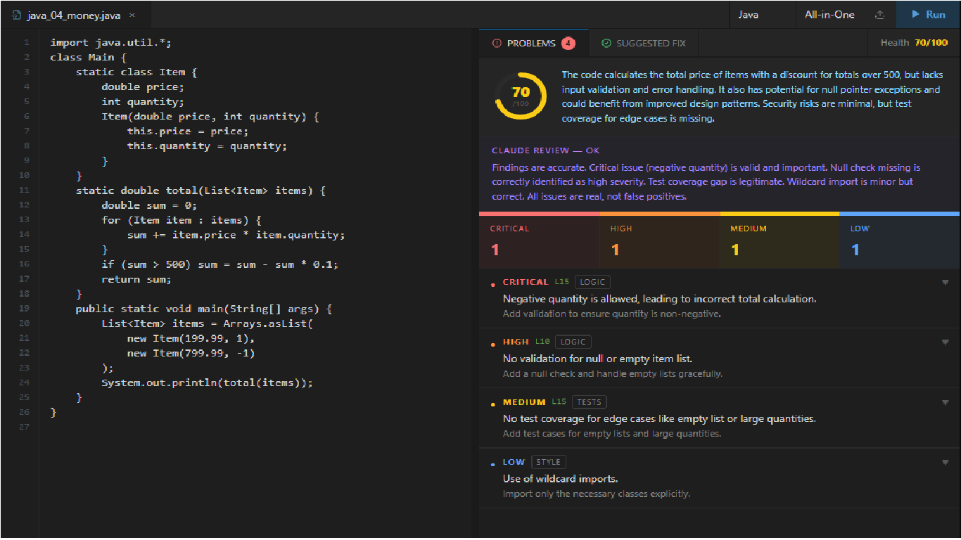 Java analysis — 70/100
