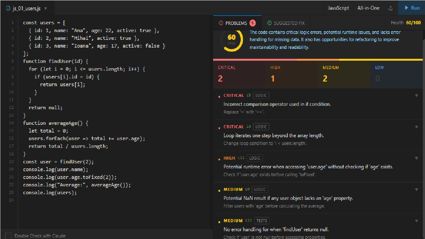 JavaScript analysis — 60/100