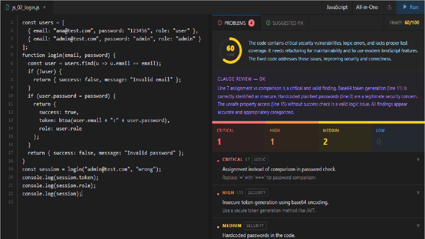 JavaScript analysis — 60/100