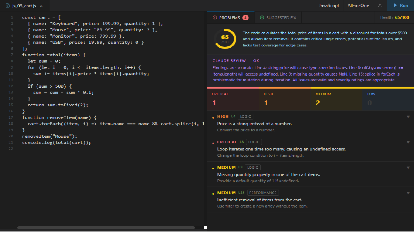 JavaScript analysis — 65/100