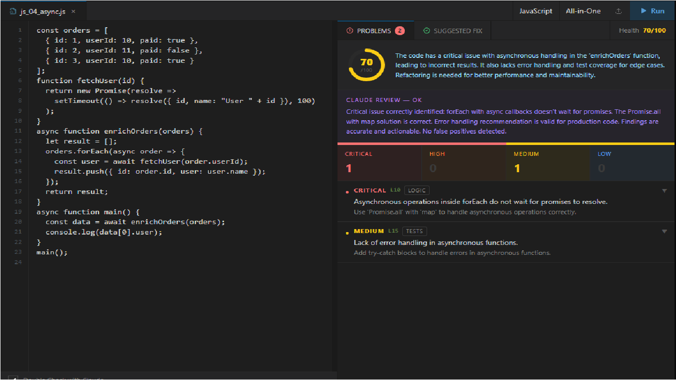 JavaScript analysis — 70/100
